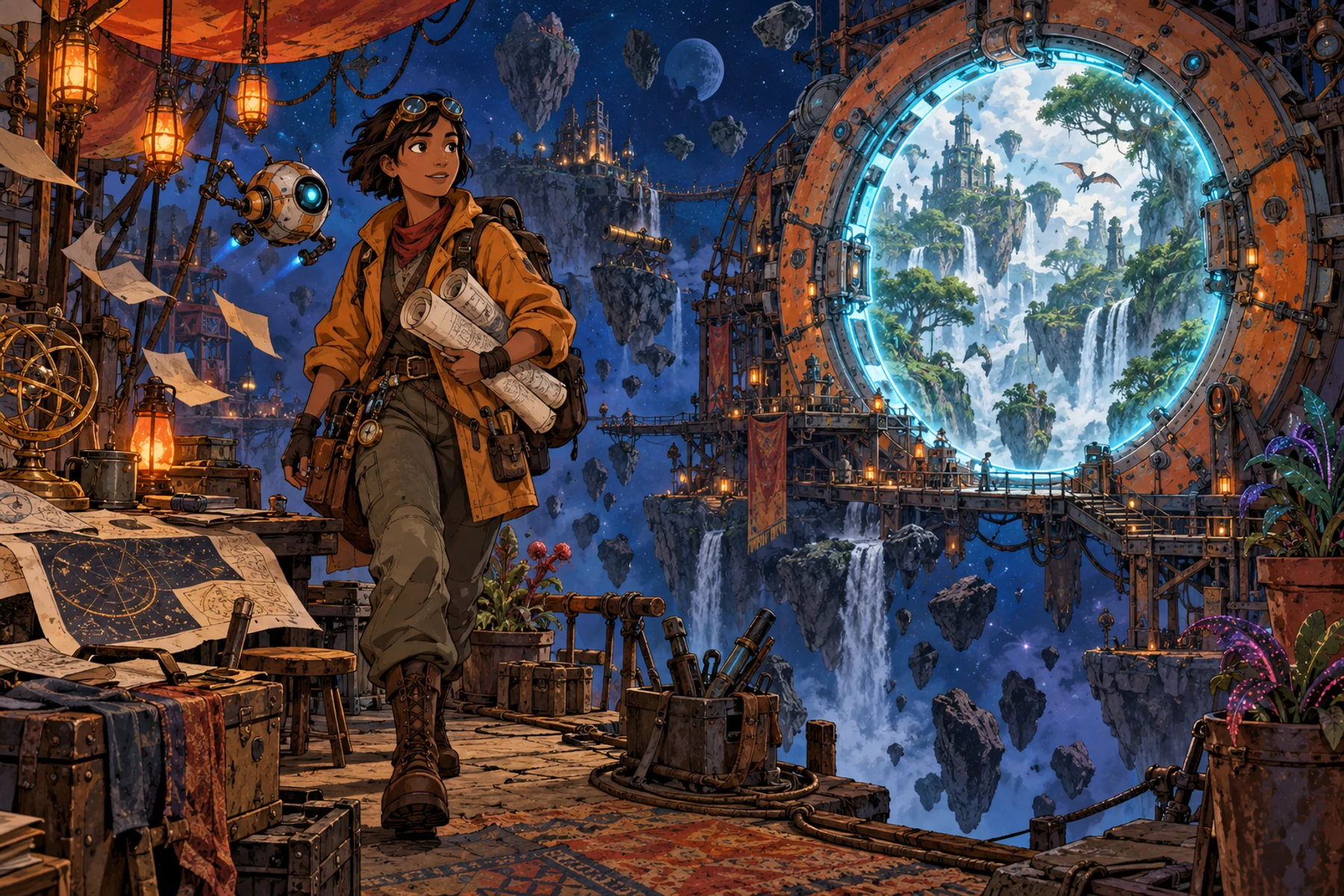 A portal engineer and her floating robot in a cliffside workshop facing a glowing gateway to floating jungle islands
